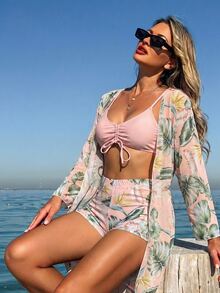 SHEIN Swim Summer Beach Tropical Print Spaghetti Strap Contrast Tropical Print Bikini Set & Kimono - Champagne - View 1