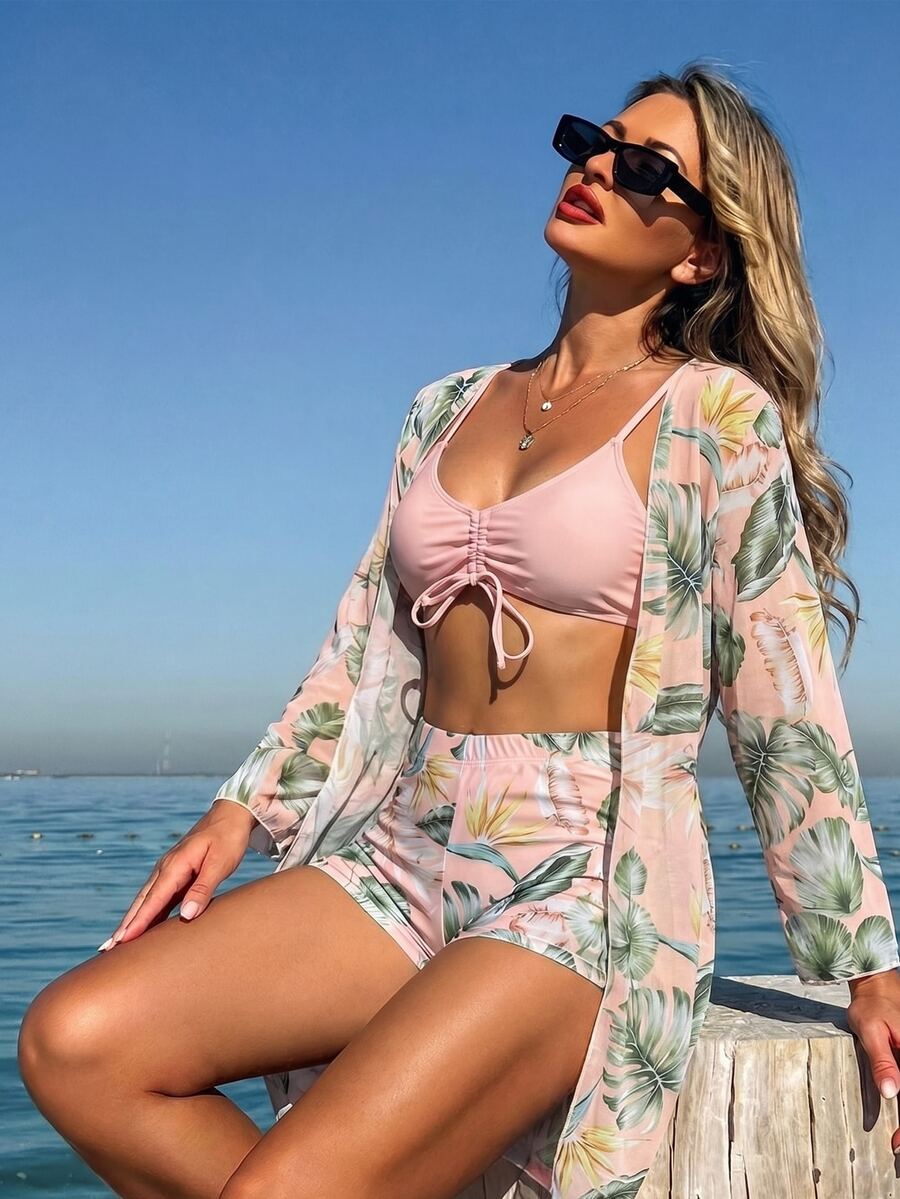 SHEIN Swim Summer Beach Tropical Print Spaghetti Strap Contrast Tropical Print Bikini Set & Kimono - Champagne - View 1