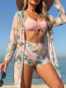 SHEIN Swim Summer Beach Tropical Print Spaghetti Strap Contrast Tropical Print Bikini Set & Kimono - Champagne - View 6