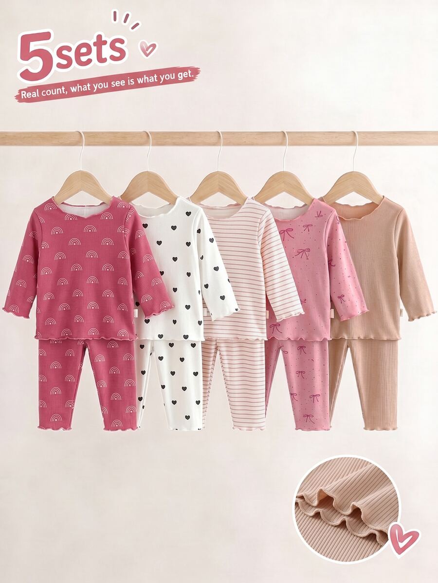 SHEIN Playful Pals 5套女嬰上衣+長褲套裝，甜美粉白配色，荷葉邊蝴蝶結愛心彩虹條紋螺紋長袖圓領軟綿生日秋季時尚套裝