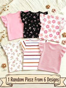 SHEIN 1件隨機波希米亞花卉、柔紫色條紋、3D蝴蝶結圖案，年輕女孩休閒極簡百搭圓領短袖T恤，適合春夏日常穿著、旅行、度假 - 粉色 - 查看 2