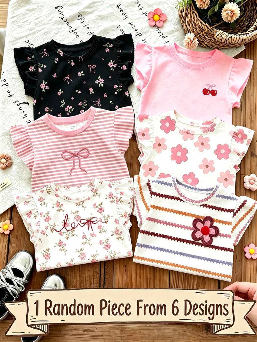 SHEIN قطعة واحدة تي شيرت بوهيمي عشوائي بنقشة زهور، مخطط بنفسجي ناعم، نمط فيونكة ثلاثي الأبعاد، تي شيرت كاجوال بسيط متعدد الاستخدامات برقبة دائرية وأكمام قصيرة للفتيات الصغيرات، مناسب للارتداء اليومي في الربيع/الصيف والسفر والعطلات - وردي - مشاهدة 1