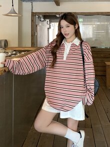 DAZY Women's Striped Loose Fit Button Half Placket Long Sleeve T-Shirt Graphic Tees Cute Tops Oversized T Shirts For Women - Pink - View 9