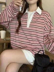 DAZY Women's Striped Loose Fit Button Half Placket Long Sleeve T-Shirt Graphic Tees Cute Tops Oversized T Shirts For Women - Pink - View 4