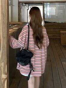 DAZY Women's Striped Loose Fit Button Half Placket Long Sleeve T-Shirt Graphic Tees Cute Tops Oversized T Shirts For Women - Pink - View 7