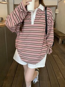 DAZY Women's Striped Loose Fit Button Half Placket Long Sleeve T-Shirt Graphic Tees Cute Tops Oversized T Shirts For Women - Pink - View 1