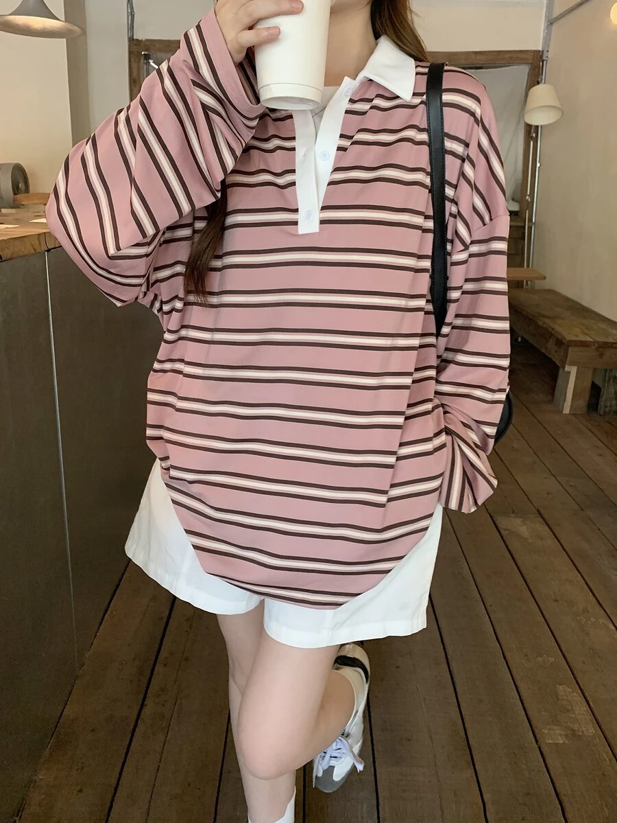 DAZY Women's Striped Loose Fit Button Half Placket Long Sleeve T-Shirt Graphic Tees Cute Tops Oversized T Shirts For Women - Pink - View 1