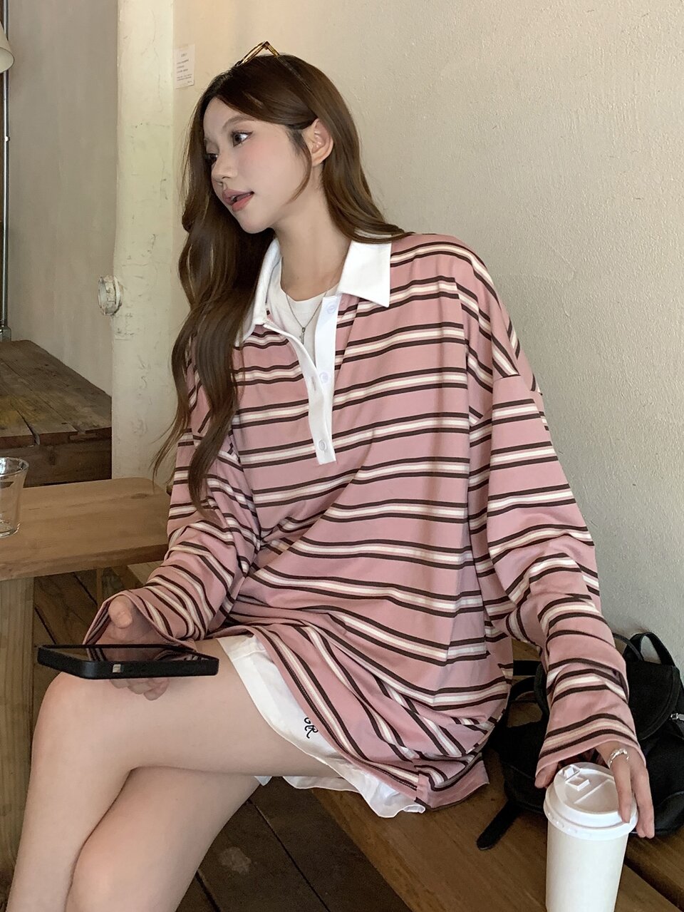 Women's Striped Loose Fit Button Half Placket Long Sleeve T-Shirt Graphic Tees