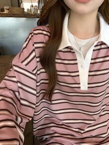 DAZY Women's Striped Loose Fit Button Half Placket Long Sleeve T-Shirt Graphic Tees Cute Tops Oversized T Shirts For Women - Pink - View 3