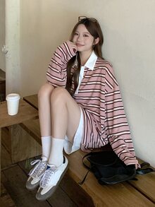 DAZY Women's Striped Loose Fit Button Half Placket Long Sleeve T-Shirt Graphic Tees Cute Tops Oversized T Shirts For Women - Pink - View 6