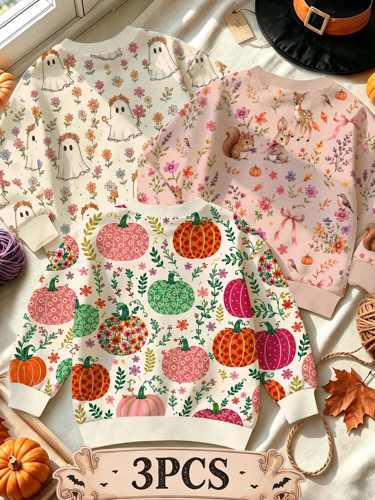 3 Set Sweatshirt Lengan Panjang Kerah Bulat Motif Halloween, Cocok Untuk Anak Perempuan Dipakai Di Musim Gugur Dan Musim Dingin, Gaya Kasual Minimalis Nyaman Untuk Sehari-hari - MultiWarna - View 2