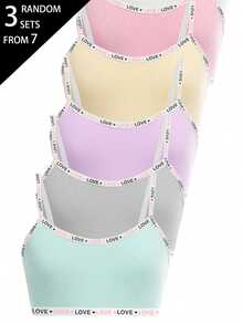 Random 3 Sets Tween Girls Cotton LOVE Woven Tape Solid Color Textured Fabric Pink Purple Grey Blue Black White Minimalist Sweet Basic Style Traceable Cotton Combination Camisole Triangle Set - Multicolor - View 3