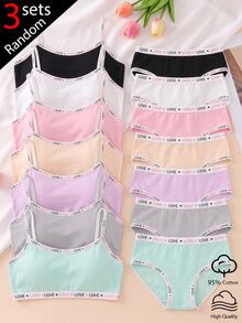 Random 3 Sets Tween Girls Cotton LOVE Woven Tape Solid Color Textured Fabric Pink Purple Grey Blue Black White Minimalist Sweet Basic Style Traceable Cotton Combination Camisole Triangle Set - Multicolor - View 5