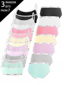 Random 3 Sets Tween Girls Cotton LOVE Woven Tape Solid Color Textured Fabric Pink Purple Grey Blue Black White Minimalist Sweet Basic Style Traceable Cotton Combination Camisole Triangle Set - Multicolor - View 2
