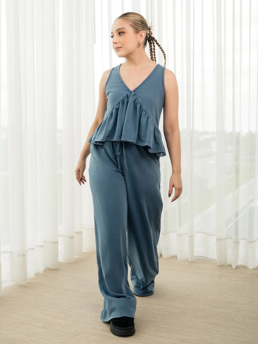 Ximena Robles Ximena Robles 女款復古水洗雪花V領細肩帶背心與長褲套裝,夏季藍色牛仔丹寧兩件式優雅穿搭 - 藍色 - 查看 1