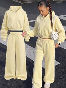 SHEIN Teen Girls Autumn Hoodie & Sweatshirt Co-Ords Yellow Knit Hoodie & Sweatpants 2 Pieces Set - Yellow - View 3