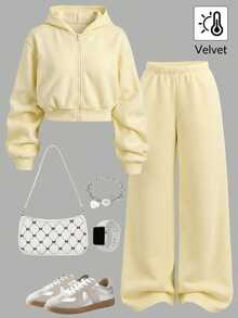 SHEIN Teen Girls Autumn Hoodie & Sweatshirt Co-Ords Yellow Knit Hoodie & Sweatpants 2 Pieces Set - Yellow - View 2