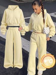 SHEIN Teen Girls Autumn Hoodie & Sweatshirt Co-Ords Yellow Knit Hoodie & Sweatpants 2 Pieces Set - Yellow - View 1