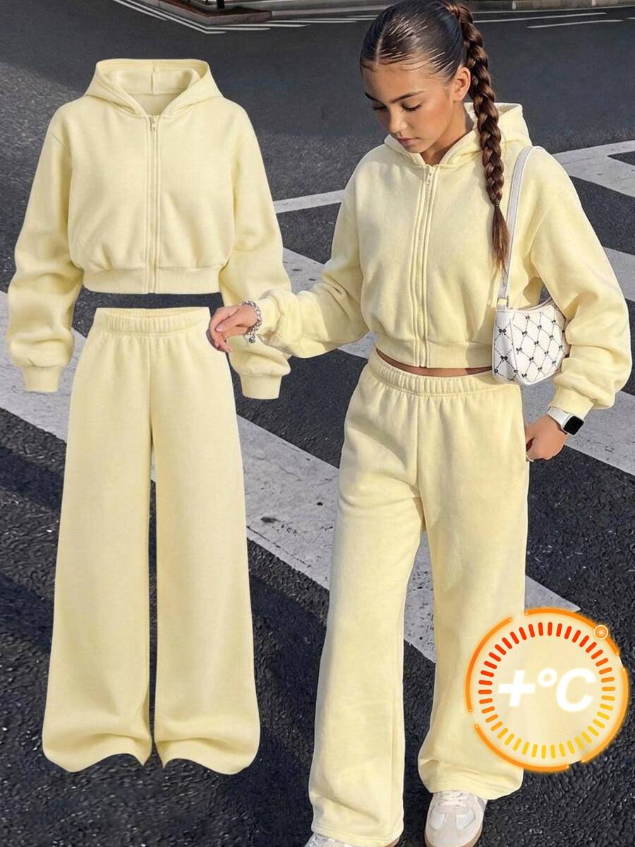 SHEIN Teen Girls Autumn Hoodie & Sweatshirt Co-Ords Yellow Knit Hoodie & Sweatpants 2 Pieces Set - Yellow - View 1
