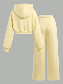 SHEIN Teen Girls Autumn Hoodie & Sweatshirt Co-Ords Yellow Knit Hoodie & Sweatpants 2 Pieces Set - Yellow - View 4
