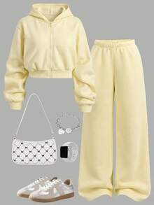 SHEIN Teen Girls Autumn Hoodie & Sweatshirt Co-Ords Yellow Knit Hoodie & Sweatpants 2 Pieces Set - Yellow - View 5