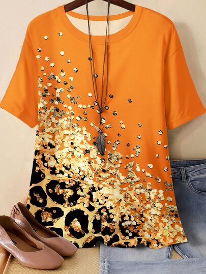 Plus Size Orange Gradient Leopard Faux Sequin Print Crew Neck Short Sleeve Loose Casual T-Shirt Women Summer Daily Vacation Lightweight Basic Tee Top