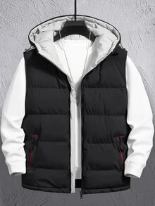 Manfinity Homme Men's Hooded Zipper Vest Winter Coat , Fall Winter - Black - View 1