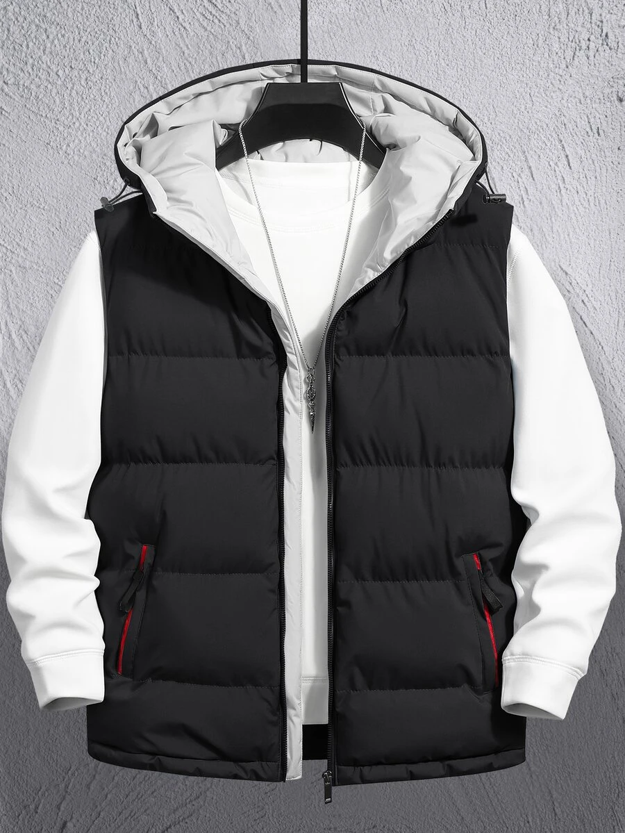 Manfinity Homme Men's Hooded Zipper Vest Winter Coat , Fall Winter - Black - View 1