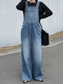 FRIFUL Overall Denim Kasual Wanita Model Longgar dengan Kaki Lebar, Dilengkapi Saku, Cocok untuk Musim Panas, Sehari-hari, Warna Biru Muda - Biru - View 7