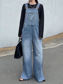 FRIFUL Overall Denim Kasual Wanita Model Longgar dengan Kaki Lebar, Dilengkapi Saku, Cocok untuk Musim Panas, Sehari-hari, Warna Biru Muda - Biru - View 4