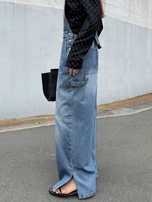 FRIFUL Overall Denim Kasual Wanita Model Longgar dengan Kaki Lebar, Dilengkapi Saku, Cocok untuk Musim Panas, Sehari-hari, Warna Biru Muda - Biru - View 6