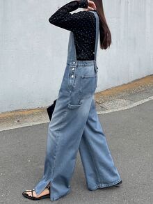 FRIFUL Overall Denim Kasual Wanita Model Longgar dengan Kaki Lebar, Dilengkapi Saku, Cocok untuk Musim Panas, Sehari-hari, Warna Biru Muda - Biru - View 8