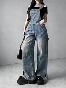 FRIFUL Overall Denim Kasual Wanita Model Longgar dengan Kaki Lebar, Dilengkapi Saku, Cocok untuk Musim Panas, Sehari-hari, Warna Biru Muda - Biru - View 1