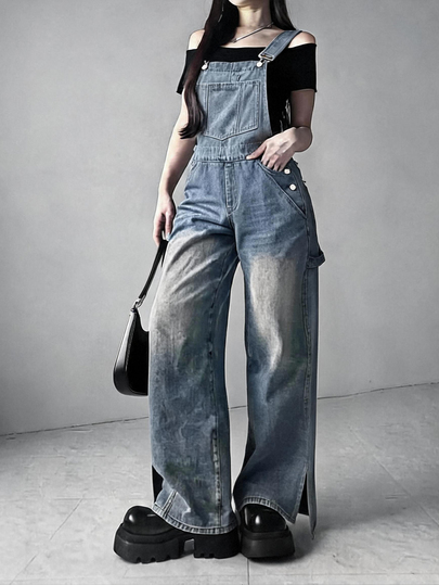 FRIFUL Overall Denim Kasual Wanita Model Longgar dengan Kaki Lebar, Dilengkapi Saku, Cocok untuk Musim Panas, Sehari-hari, Warna Biru Muda