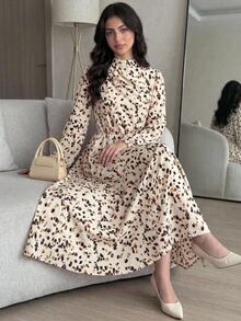 SHEIN Girlism 青少年女孩洋裝，休閒度假風棕色拼接碎花豹紋收腰洋裝，棕色洋裝，波點洋裝，適合日常優雅穿著、返校季、畢業季 - 棕色 - 查看 6