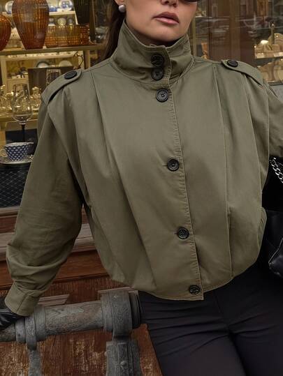 SHEIN SXY Chaqueta de manga larga con botones de estilo retro casual de moda callejera para mujer, para uso diario y vacaciones, viajes cotidianos, color verde oliva, otoño