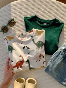 SHEIN 男童 2 件套可愛卡通恐龍圖案針織長袖上衣 + 素色長袖上衣休閒日常百搭 春秋冬款 - 彩色 - 查看 3