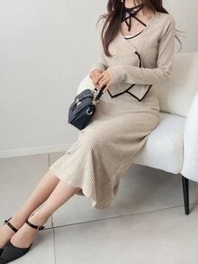 FRIFUL Gaun Fashion Colorblock Wanita dengan Kancing Lengan Panjang dan Kardigan Rajut, Set 2 Potongan untuk Musim Gugur - Aprikot - View 6