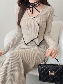 FRIFUL Gaun Fashion Colorblock Wanita dengan Kancing Lengan Panjang dan Kardigan Rajut, Set 2 Potongan untuk Musim Gugur - Aprikot - View 1