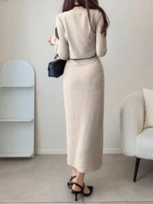 FRIFUL Gaun Fashion Colorblock Wanita dengan Kancing Lengan Panjang dan Kardigan Rajut, Set 2 Potongan untuk Musim Gugur - Aprikot - View 7