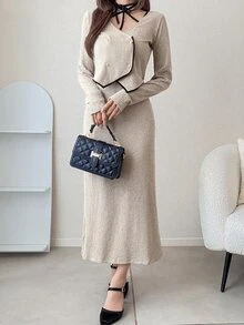FRIFUL Gaun Fashion Colorblock Wanita dengan Kancing Lengan Panjang dan Kardigan Rajut, Set 2 Potongan untuk Musim Gugur - Aprikot - View 5