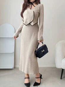 FRIFUL Gaun Fashion Colorblock Wanita dengan Kancing Lengan Panjang dan Kardigan Rajut, Set 2 Potongan untuk Musim Gugur - Aprikot - View 4