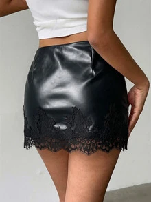 Aloruh 女款優雅性感低腰蕾絲拼接PU修身黑色迷你裙，秋季下身穿搭，冬季裙子 - 黑色 - 查看 7