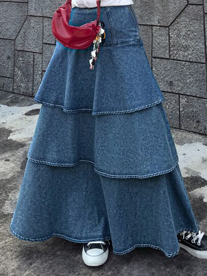 FRIFUL Rok Denim Kasual Wanita dengan Desain Ikat dan Hem Berlapis-lapis untuk Musim Gugur