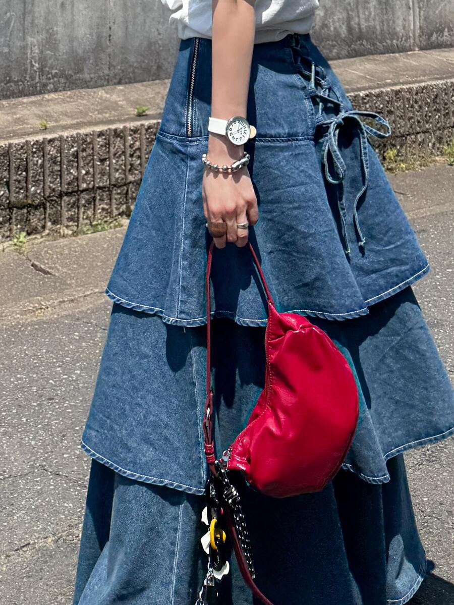 FRIFUL 女士系带多层荷叶边下摆休闲牛仔裙 - 藍色 - 查看 1