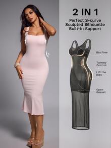 Nuvra Women's 2-In-1 Spaghetti Strap Sleeveless Lace Trim Neckline Butt-Lifting Waist-Shaping Body-Sculpting Mid-Length Dress - Pink - View 1