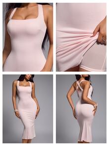 Nuvra Women's 2-In-1 Spaghetti Strap Sleeveless Lace Trim Neckline Butt-Lifting Waist-Shaping Body-Sculpting Mid-Length Dress - Pink - View 7