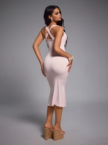 Nuvra Women's 2-In-1 Spaghetti Strap Sleeveless Lace Trim Neckline Butt-Lifting Waist-Shaping Body-Sculpting Mid-Length Dress - Pink - View 2