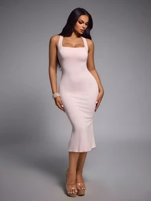 Nuvra Women's 2-In-1 Spaghetti Strap Sleeveless Lace Trim Neckline Butt-Lifting Waist-Shaping Body-Sculpting Mid-Length Dress - Pink - View 5