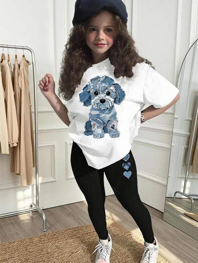 SHEIN 2pcs/Set Girls Cute Puppy Graphic Print White T-Shirt & Black Leggings Outfit,Back-To-School Blue And White Stripe Autumn School Short Sleeve Tee